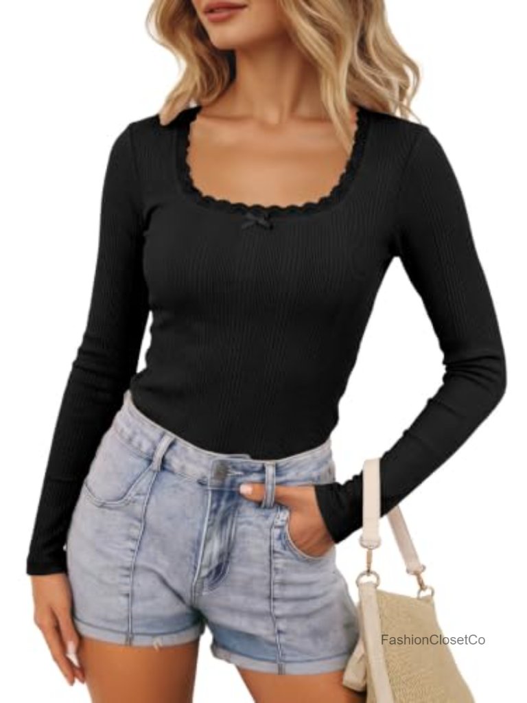 Women's Long Sleeve Lace Square Neck Bow Knot Top Stretchy Ribbed Knit
